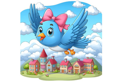 blue bird with a pink bow flying near the town