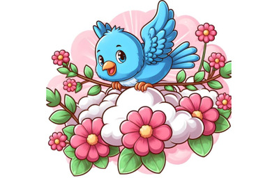 blue bird through a pink flower cloud background