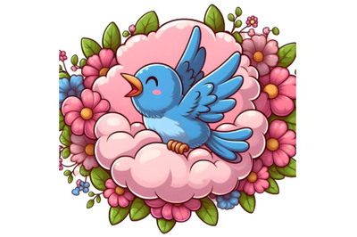 blue bird through a pink flower cloud background