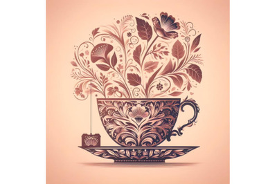 tea cup silhouette of floral ornament