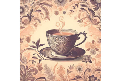 tea cup silhouette of floral ornament