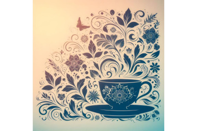 tea cup silhouette of floral ornament