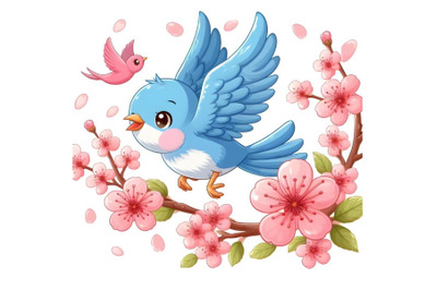 blue bird is flying with Pink cherry flower blossom