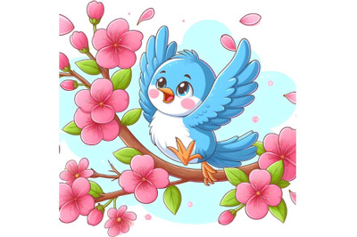 blue bird is flying with Pink cherry flower blossom