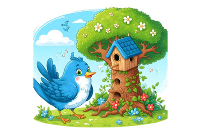 blue Bird house on spring a big tree with red bird