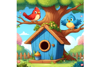 blue Bird house on spring a big tree with red bird