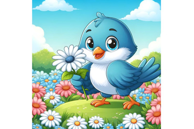 blue bird carrying white Gerbera Flower garden background