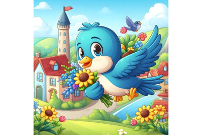 blue bird carrying a flower and flying near the town