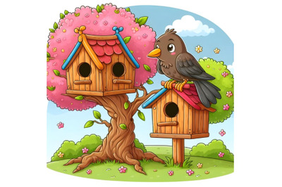 Bird house on spring tree with bird