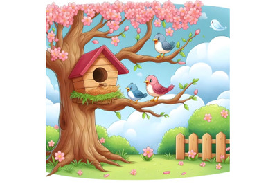 Bird house on spring tree with bird