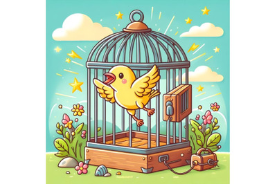 Bird escape out of birdcage, freedom concept