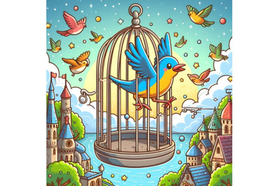 Bird escape out of birdcage, freedom concept