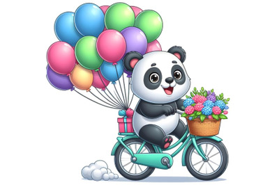 white Panda riding a bicycle with many balloons on the back