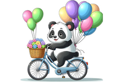 white Panda riding a bicycle with many balloons on the back