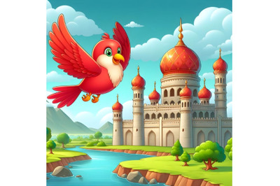 red bird flying on the sky near a palace