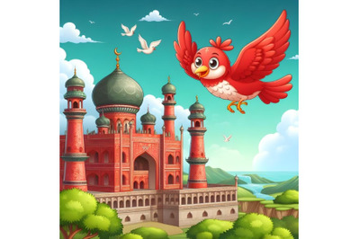 red bird flying on the sky near a palace