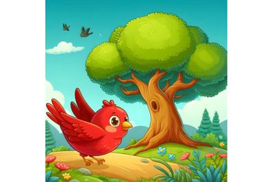 red bird flying on the sky near a big tree