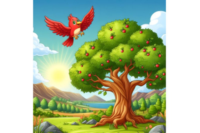 red bird flying on the sky near a big tree