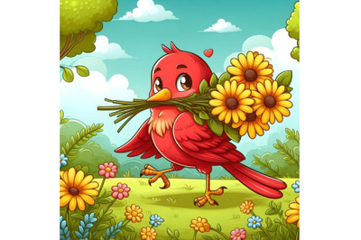 red bird carrying Yellow Gerbera Flower garden background