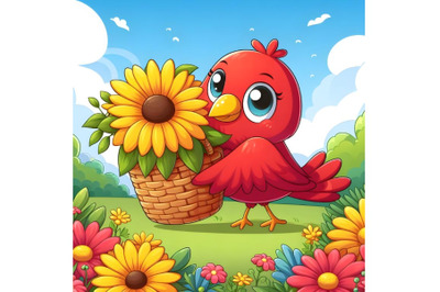 red bird carrying Yellow Gerbera Flower garden background