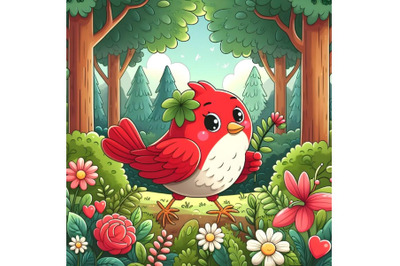 red bird carrying flower forest background