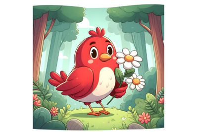 red bird carrying flower forest background