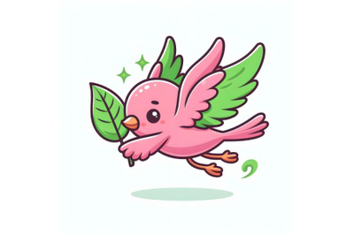 pink bird is flying with green leaf