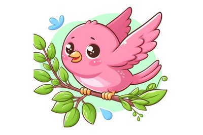 pink bird is flying with green leaf