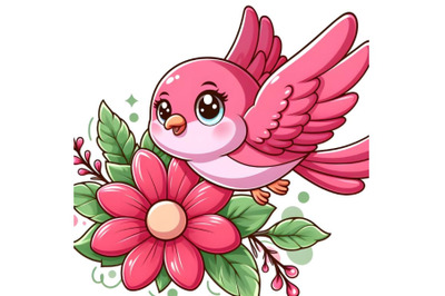 pink bird is flying with a red flower