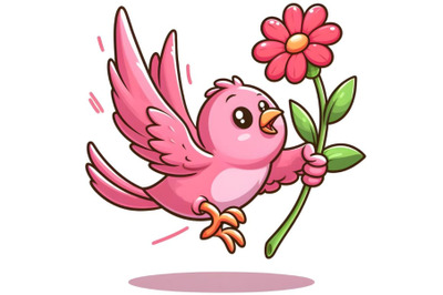 pink bird is flying with a red flower