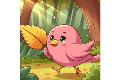 pink bird carrying a yellow leaf forest background