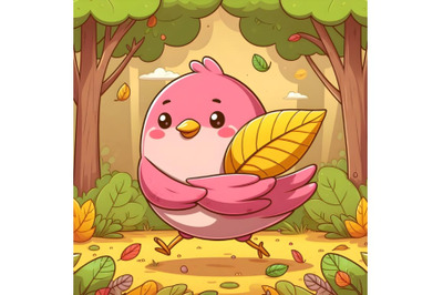 pink bird carrying a yellow leaf forest background