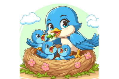 Mother blue bird feeding babies in a nest