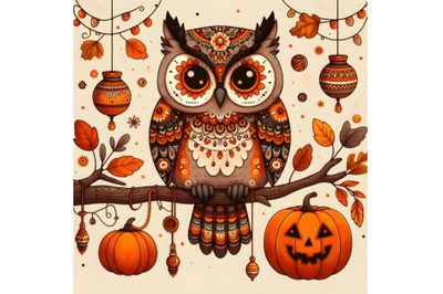 Cute halloween owl sitting on the branch