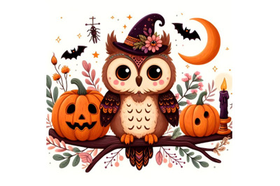 Cute halloween owl sitting on the branch