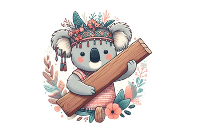 Koala holding a plank of wood