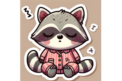 sticker of a cartoon sleeping racoon in pajamas