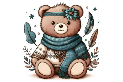 Cute teddy bear wearing blue scarf