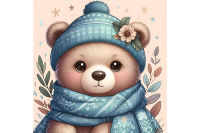 Cute teddy bear wearing blue scarf