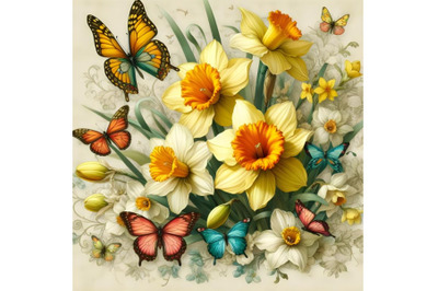 Daffodils and butterflies art painting