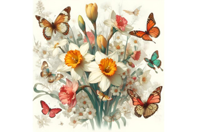 Daffodils and butterflies art painting