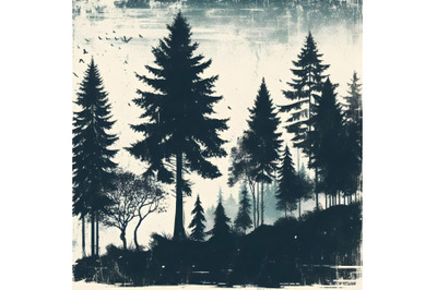 Grunge silhouettes of forest tree and firtrees