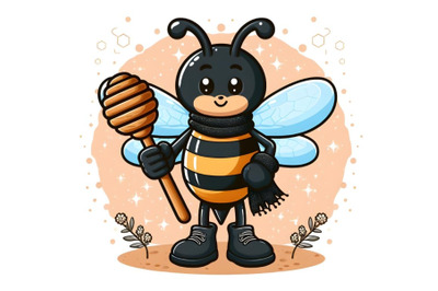 cartoon honey worker bee holding wooden honey dipper