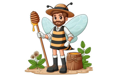 cartoon honey worker bee holding wooden honey dipper