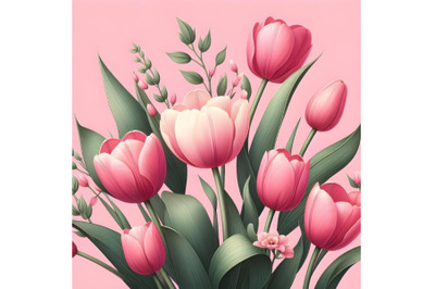 Pink tulips flowers on pink background