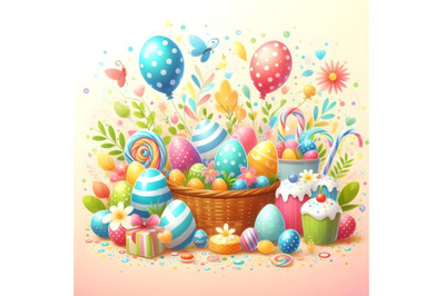 Colorful easter eggs and spring confetti