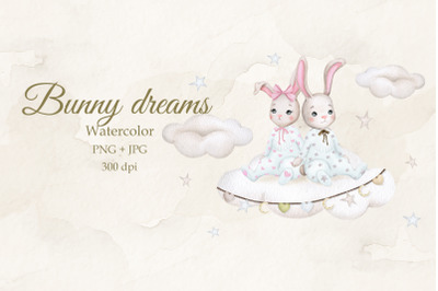 Cute bunnies. Girl and boy. Watercolor PNG
