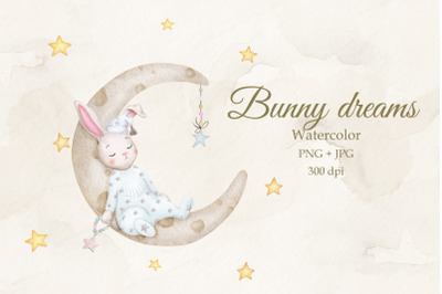 Cute bunny on the moon. Boy. Watercolor.