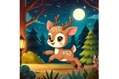 cute baby deer running in the forest at night
