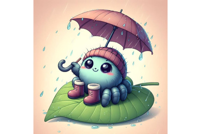 cute baby spider holding umbrella with rain